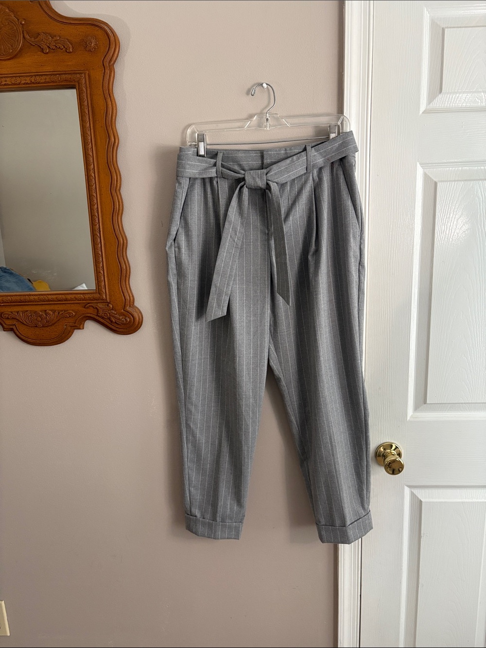 Banana Republic Gray Pinstripe Paperbag Ankle Pants with Self Tie